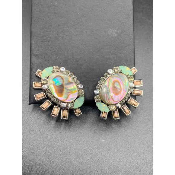 Signed Elizabeth Cole Clip Earrings Mother of Pearl Rhinestones Costume Jewelry - Picture 2 of 6